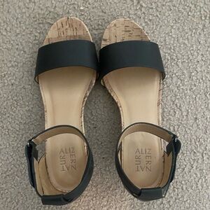 Naturalizer Areda- black ankle strap low wedge sandal. 2.5 inch cork wedge.